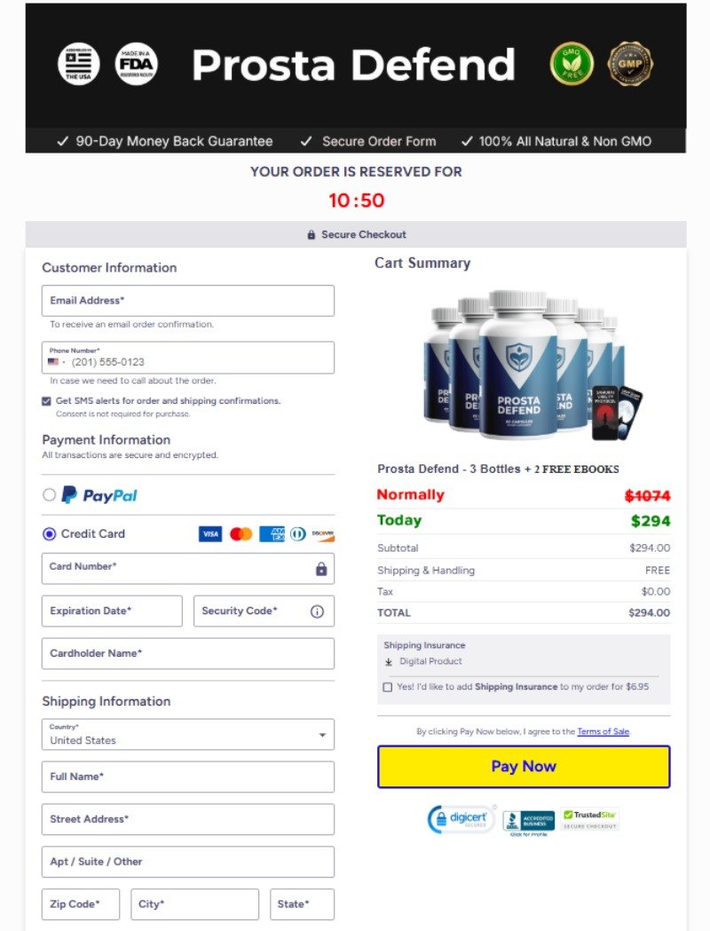 Secure payment for Prosta Defend online order